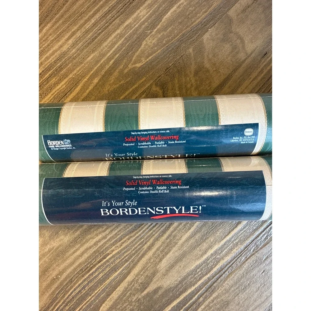 VTG Bordenstyle Wallpaper 2 Rolls 55.4sqft Green Cream New Striped Vinyl CC216FF